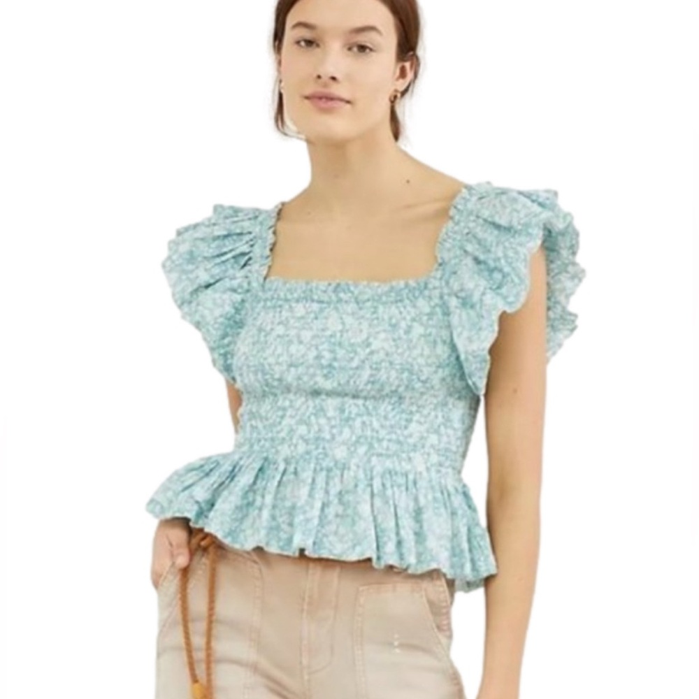 Love the Label Floral Ruffle Sleeve Top - Blue